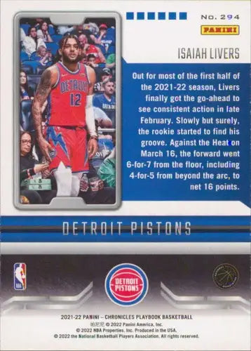 Basketball card of Isaiah Livers from Panini Chronicles Pistons Playbook series