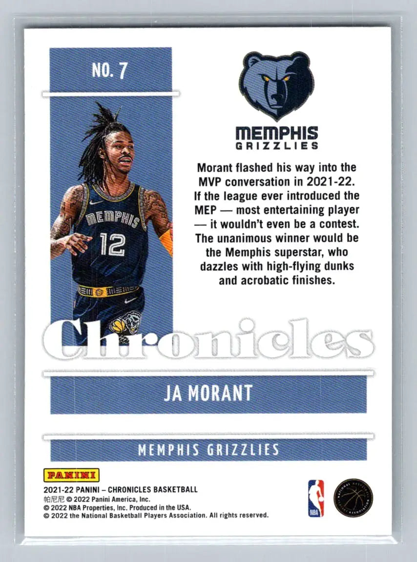 2021-22 Panini Chronicles #7 Ja Morant Memphis Grizzlies - Basketball Card Single