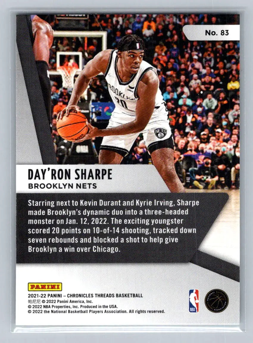 2021-22 Panini Chronicles #83 Day’Ron Sharpe Brooklyn Nets Rookie - Basketball Card Single