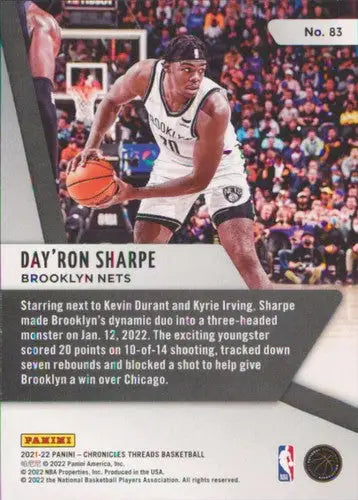 2021-22 Panini Chronicles Day’Ron Sharpe Nets Threads basketball card with original gloss