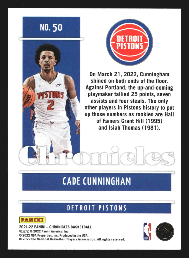 2021-22 Panini Chronicles Cade Cunningham #50 RC Detroit Pistons Rookie