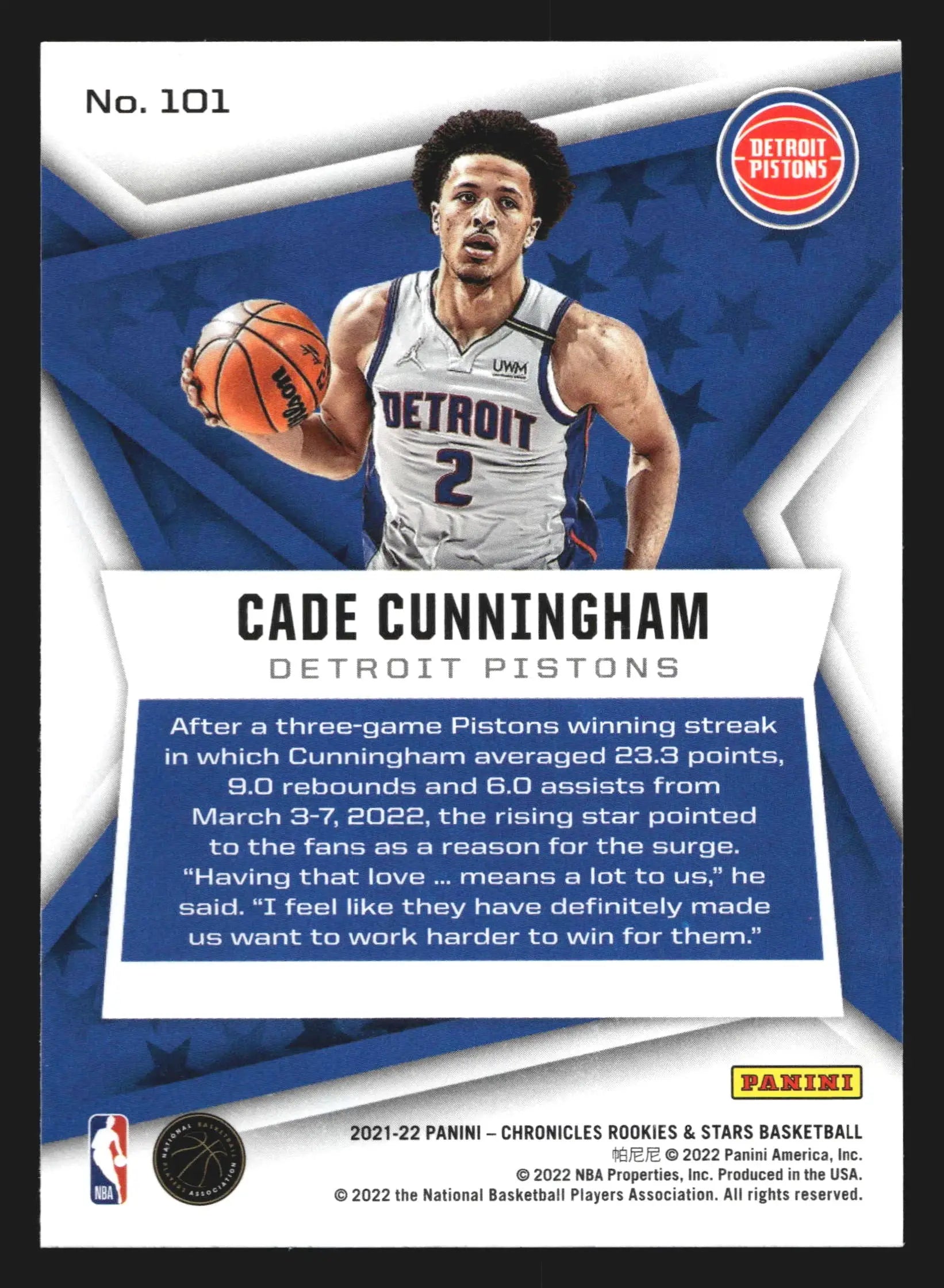 2021-22 Panini Chronicles Rookies & Stars Cade Cunningham #101 RC Pistons