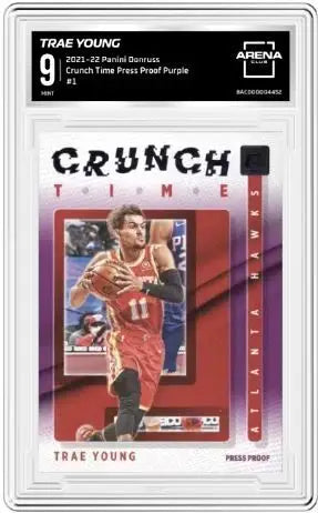 2021-22 Panini Donruss Crunch Time Trae Young #1 Press Proof Purple Arena Club 9 - Basketball Card Single