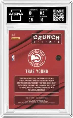 2021-22 Panini Donruss Crunch Time Trae Young #1 Press Proof Purple Arena Club 9 - Basketball Card Single