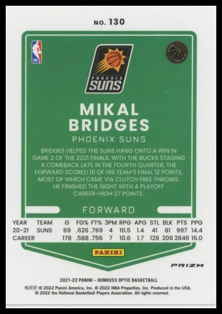 2021-22 Panini Donruss Optic - Mikal Bridges #130 Blue Velocity Prizm - Basketball Card Single