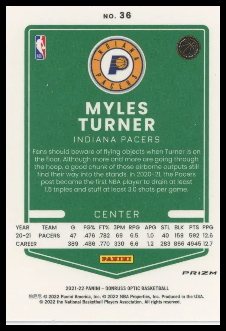 2021-22 Panini Donruss Optic - Myles Turner #36 Purple Prizm - Basketball Card Single