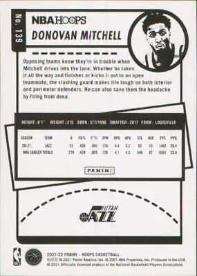 Back of 2021-22 Panini Hoops Donovan Mitchell basketball card with original gloss and simply sandoval style