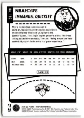 2021-22 Panini Hoops NBA trading card of Immanuel Quickley with original gloss simply sandoval