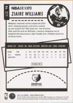Back of 2021-22 Panini Hoops Ziaire Williams NBA rookie sports card with original gloss
