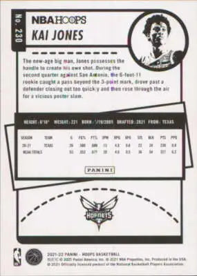 Back of a Kai Jones Panini Hoops 2021-22 rookie trading card with original gloss