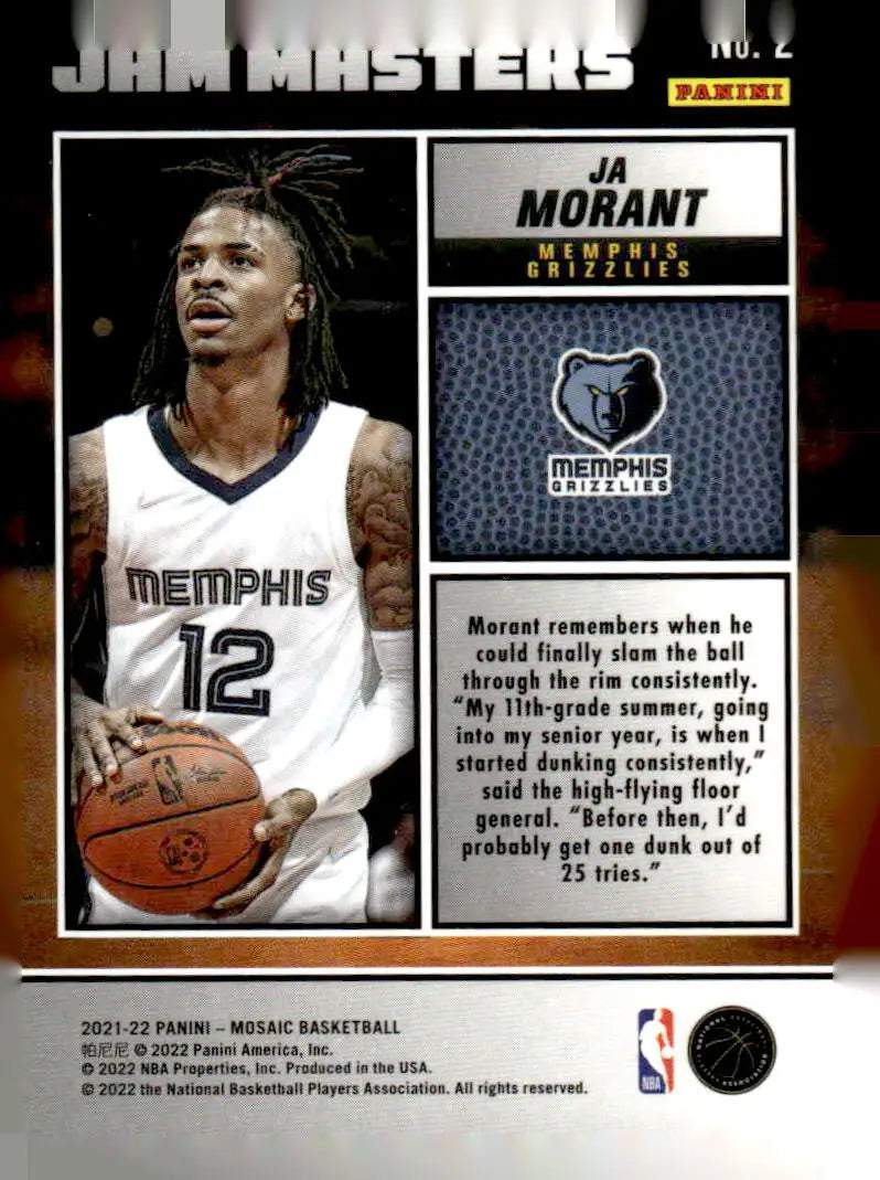 2021-22 Panini Mosaic #2 Ja Morant Jam Masters Memphis Grizzlies - Basketball Card Single