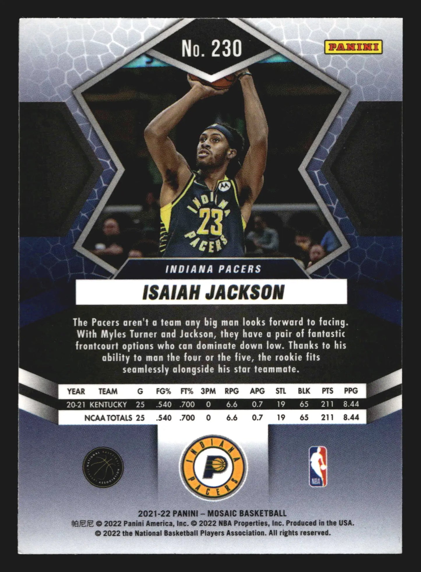 2021-22 Panini Mosaic Isaiah Jackson #230 Indiana Pacers RC