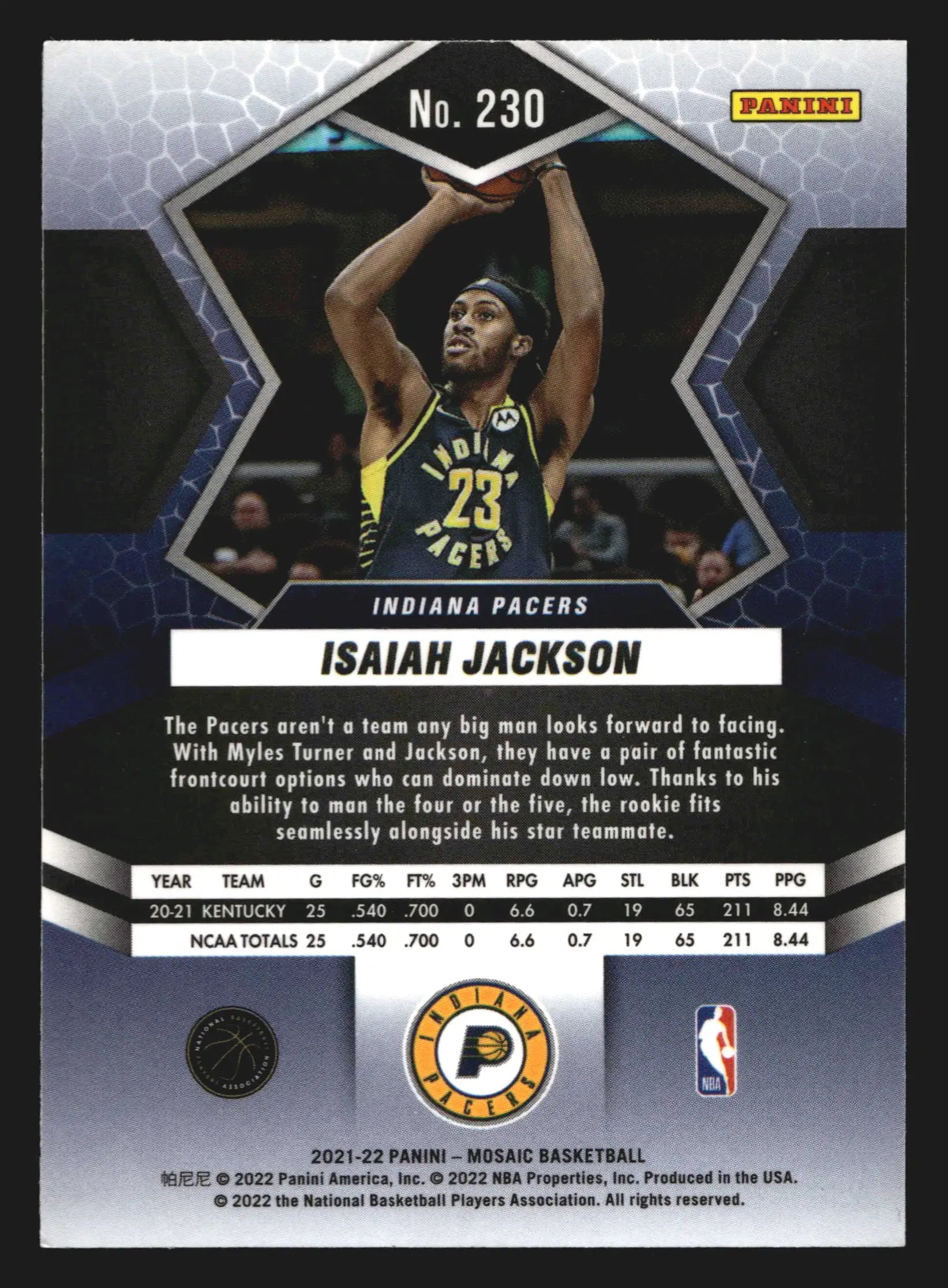 2021-22 Panini Mosaic Isaiah Jackson #230 Indiana Pacers RC