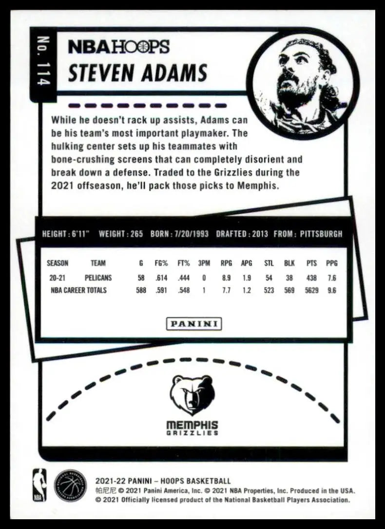2021-22 Panini NBA Hoops Steven Adams #114 Memphis Grizzlies Basketball Card NBA - Basketball Card Single