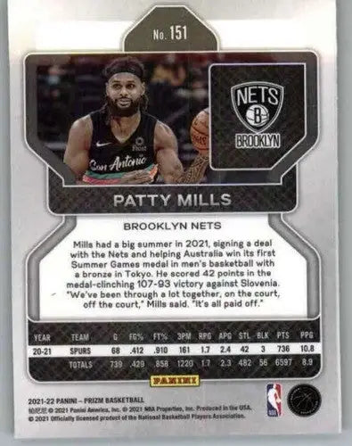 Panini Prizm Patty Mills basketball card with original gloss Nets 2021-22 NM-MT