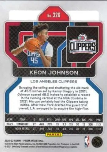 Keon Johnson Panini Prizm basketball card with original gloss from 2021-22 Clippers series
