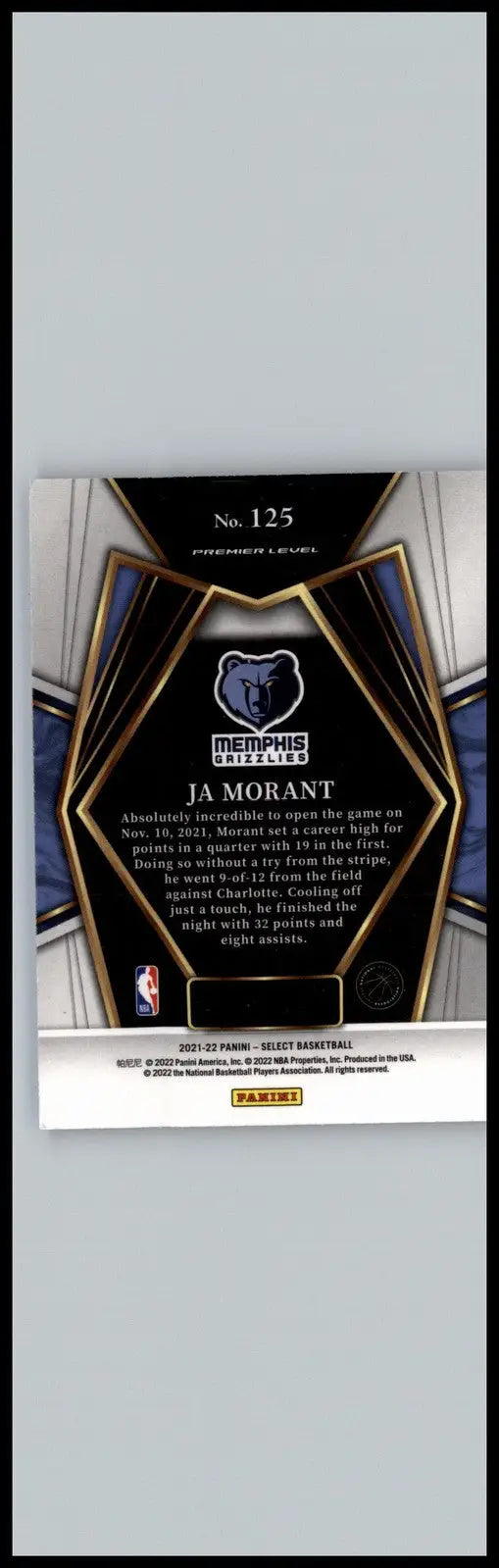 2021-22 Panini Select #125 Ja Morant Blue (Retail Base) Memphis Grizzlies - Basketball Card Single