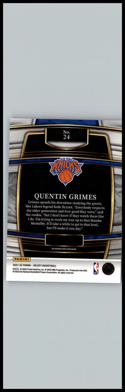 2021-22 Panini Select #24 Quentin Grimes Blue Prizms New York Knicks - Basketball Card Single