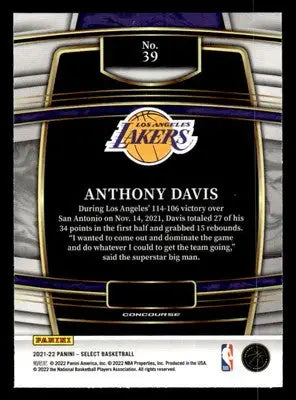 2021-22 Panini Select #39 Anthony Davis Blue (Retail Base) Los Angeles Lakers - Basketball Card Single