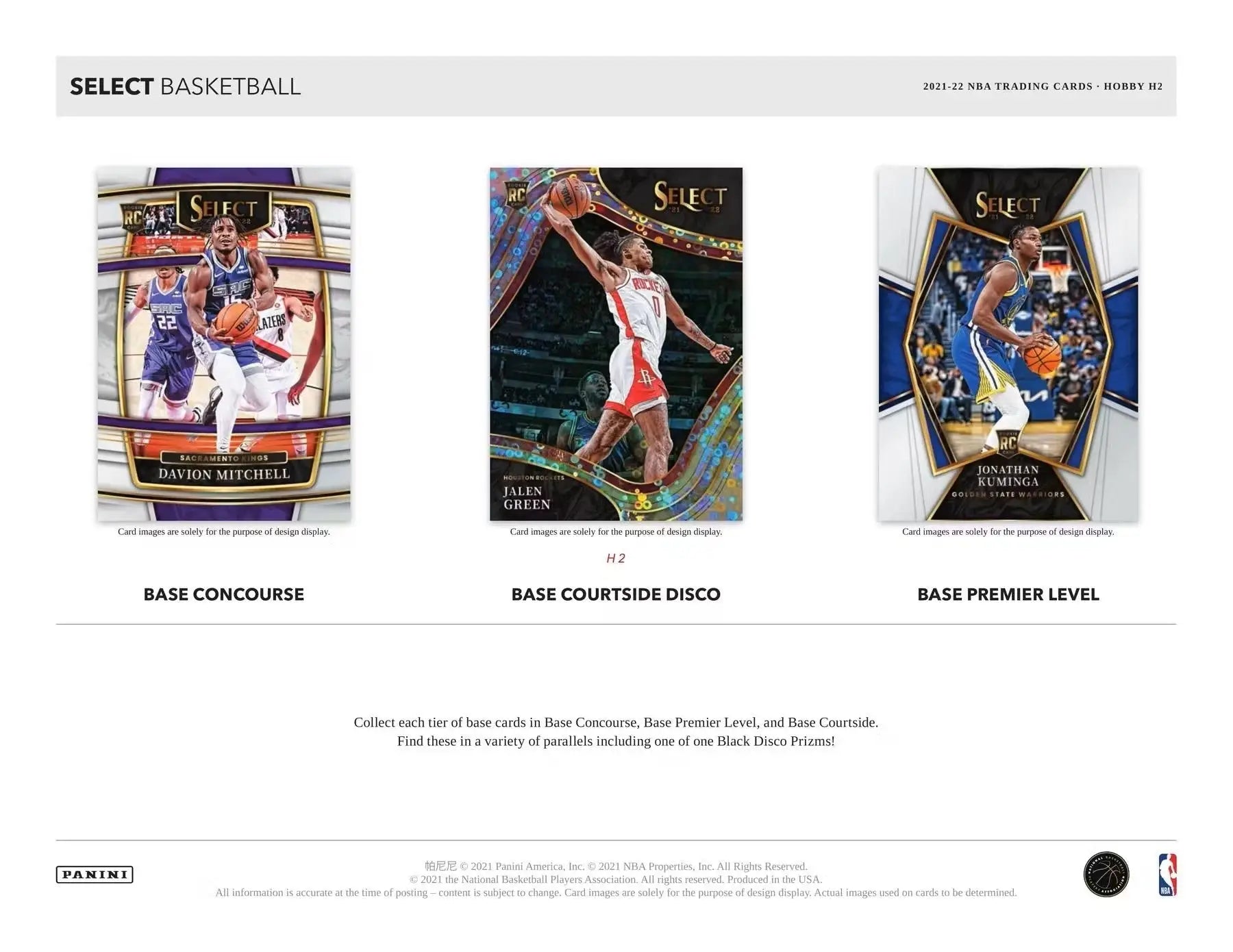Display of three Panini Select Basketball trading cards featuring rookie jersey autographs and black disco design