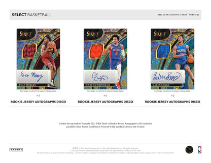 Three Panini Select Basketball rookie jersey autographs trading cards with black disco design