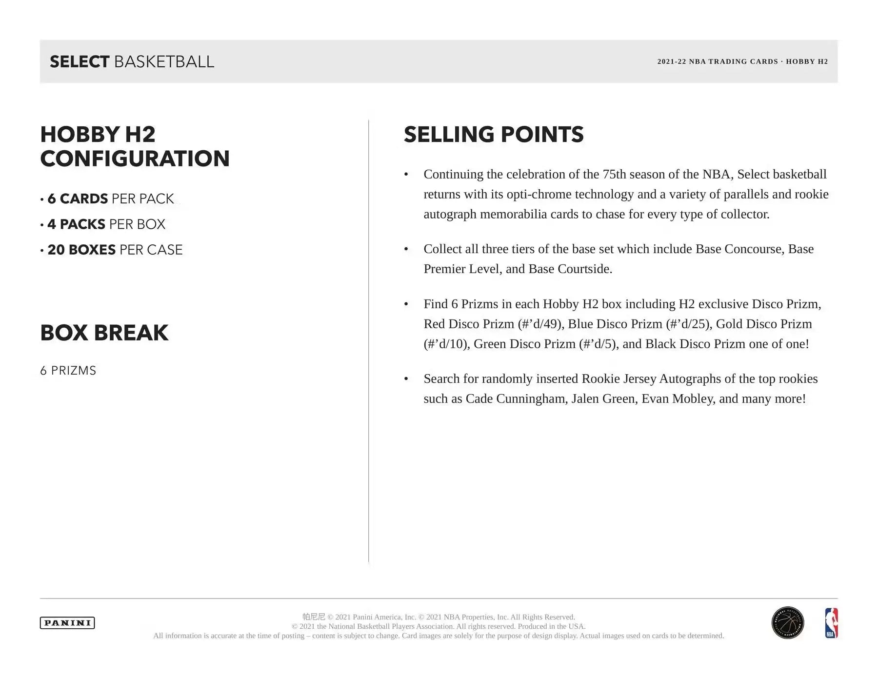 Document showing Panini Select Basketball box configuration, rookie jersey autographs, black disco inserts