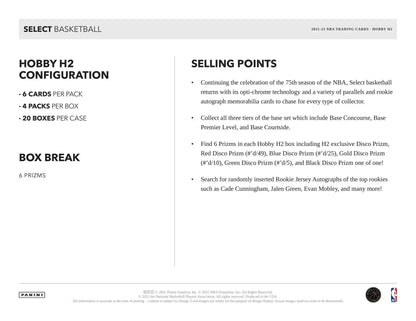 Document showing Panini Select Basketball box configuration, rookie jersey autographs, black disco inserts