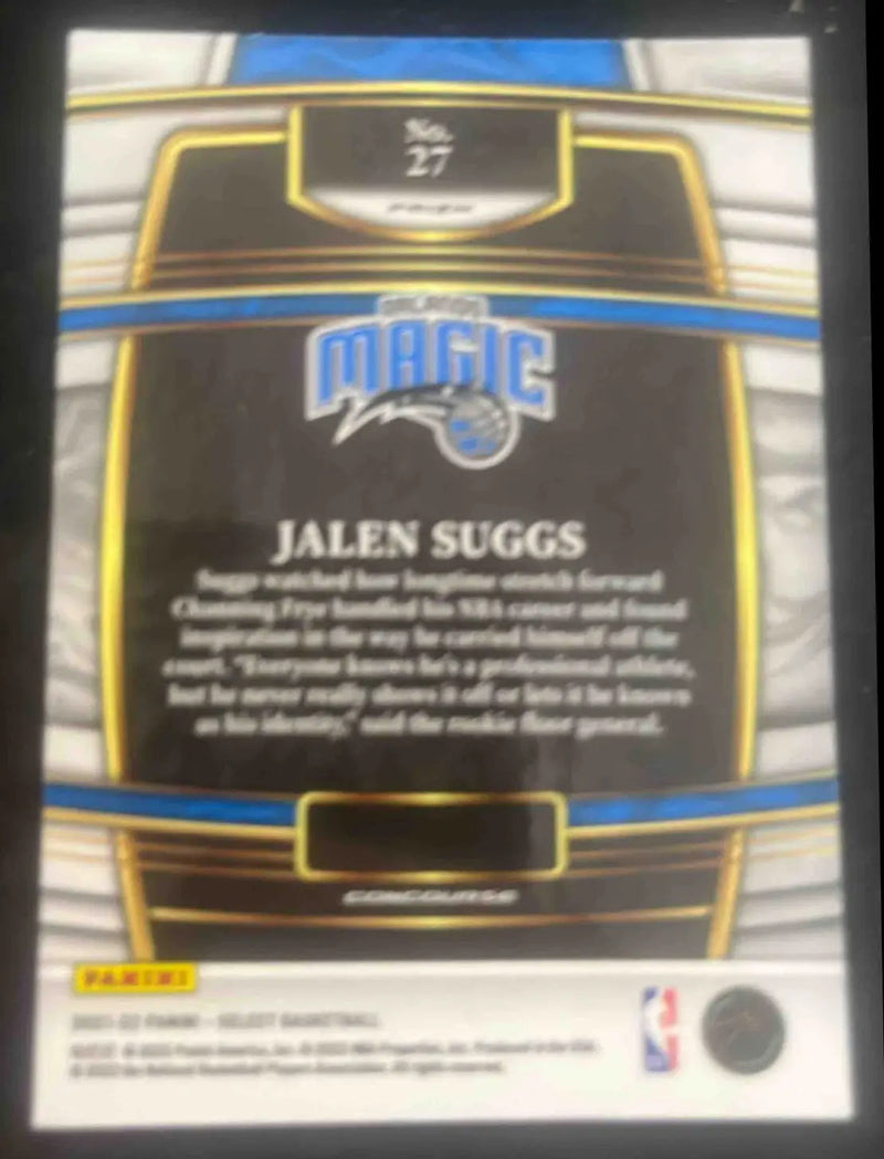 Back of a Panini Select Jalen Suggs RC Blue basketball trading card image