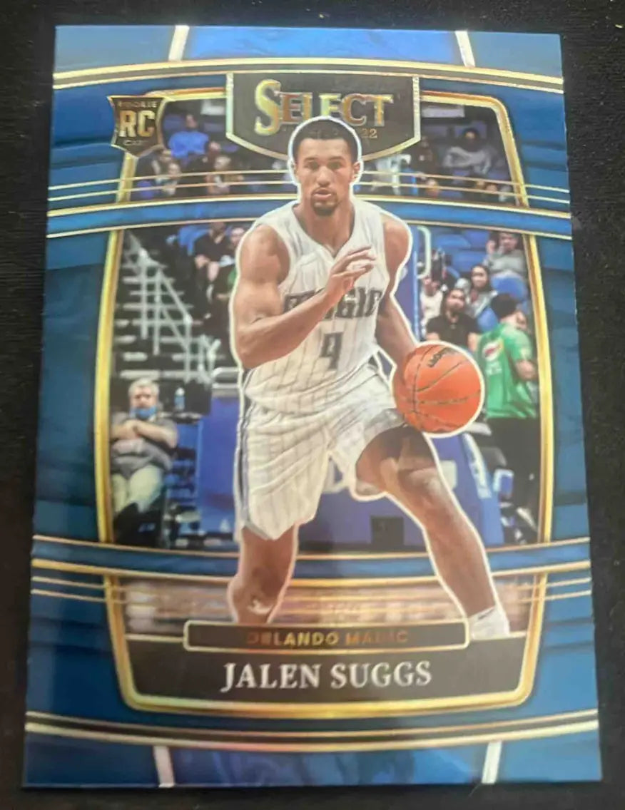 Blue and gold Panini Select Jalen Suggs RC trading card featuring Jalen Suggs