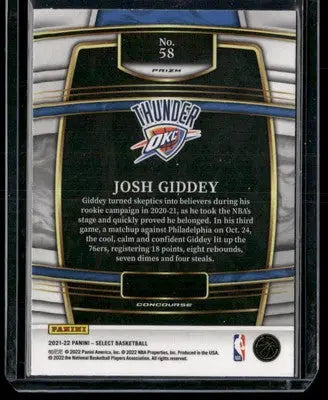 2021-22 Panini Select Josh Giddey #58 Orange Basketball - Basketball Card Single
