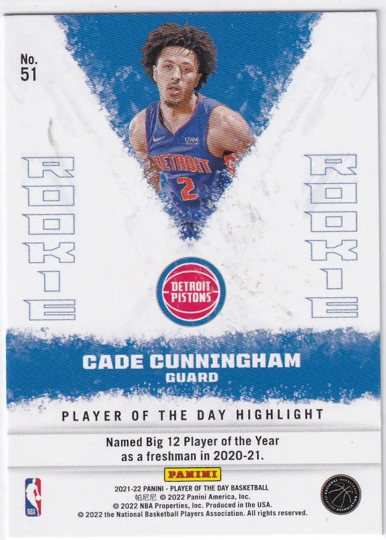 2021-22 PLAYER OF THE DAY #51 CADE CUNNINGHAM- DETROIT PISTONS - Basketball Card Single