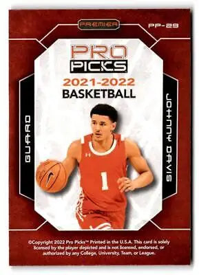 Basketball trading card of Johnny Davis from Pro Picks Premier #PP-29 collection