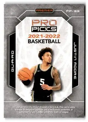 Justin Moore basketball card from 2021-22 Pro Picks Premier #PP-33 collectible item