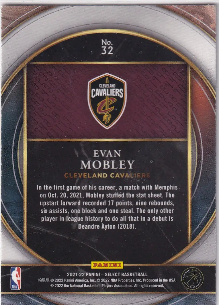 2021-22 SELECT #32 EVAN MOBLEY NUMBERS- CLEVELAND CAVALIERS - Basketball Card Single