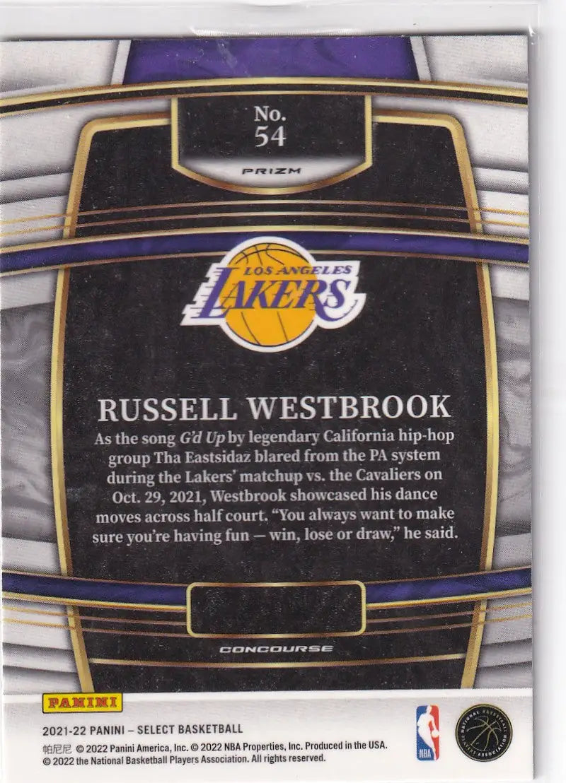 2021-22 SELECT #54 RUSSELL WESTBROOK GREEN & PURPLE HOLO- LOS ANGELES LAKERS