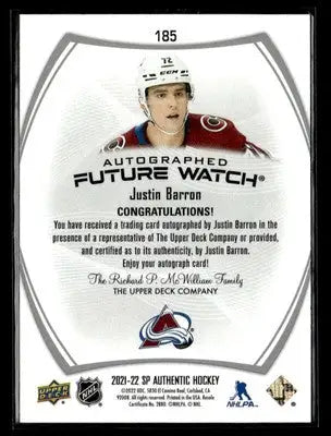 2021-22 SP Authentic #185 Justin Barron #/999 - Hockey Card Single