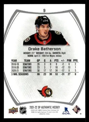 2021-22 SP Authentic #9 Drake Batherson - Hockey Card Single