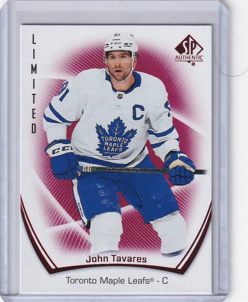 Hockey trading card of John Tavares in Toronto Maple Leafs white and blue jersey