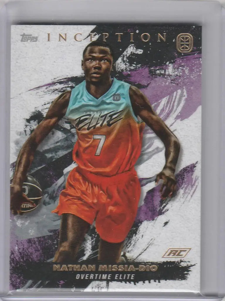 Basketball trading card of Nathan Missia-Dio in teal and orange jersey, Topps Inception OTE
