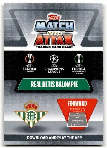Real Betis Balompié Match Attax trading card featuring Cristian Tello from 2021-22 UEFA Champions League