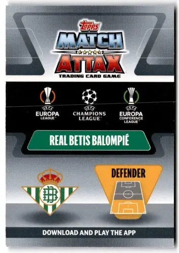 Real Betis Balompié defender trading card from 2021-22 Topps Match Attax UEFA Champions League Crystal Foil simply Sandoval with original gloss