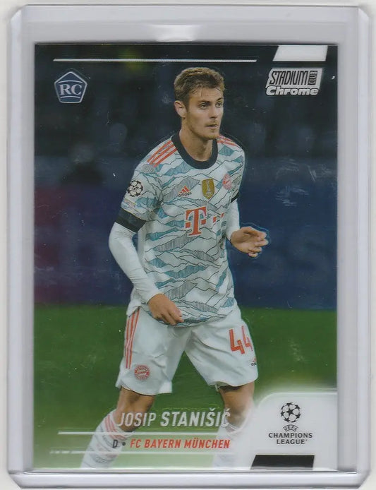 Soccer trading card of Josip Stanisic in away kit from Topps Stadium Club Chrome FC Bayern