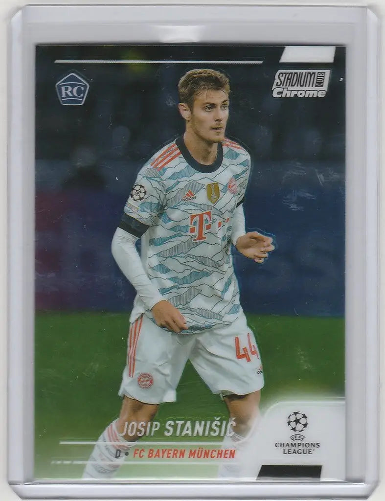 Soccer trading card of Josip Stanisic in away kit from Topps Stadium Club Chrome FC Bayern