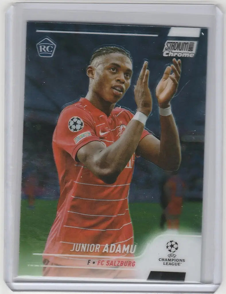 Soccer trading card of Junio Adamu clapping in red jersey from Topps Stadium Club Chrome