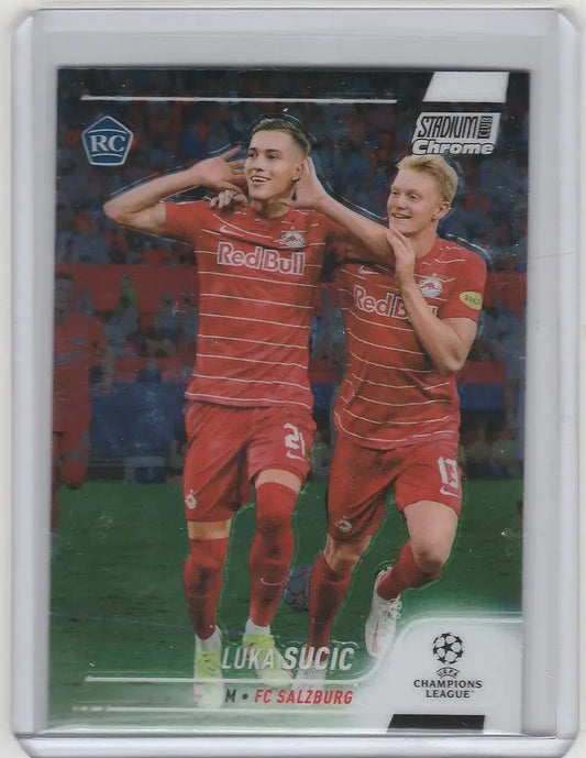 Soccer trading card of Luka Sucic celebrating in Topps Stadium Club Chrome design