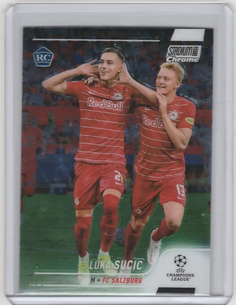 Soccer trading card of Luka Sucic celebrating in Topps Stadium Club Chrome design