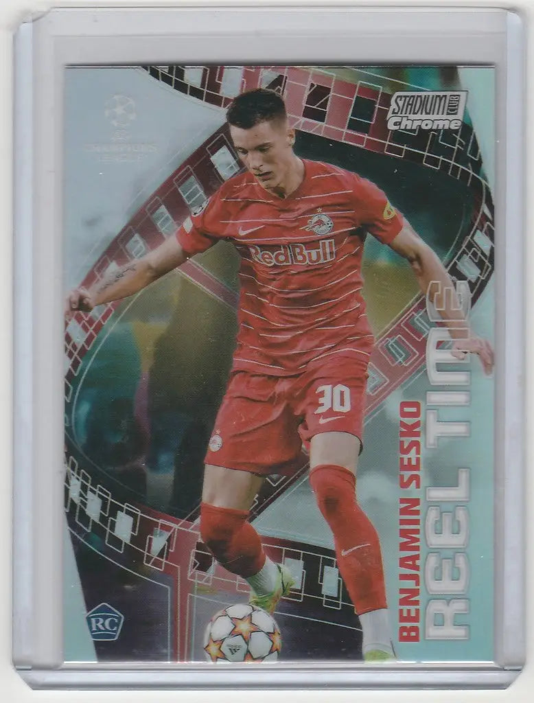 Soccer trading card of Benjamin Sesko in red, from Topps Stadium Club Chrome Reel Time