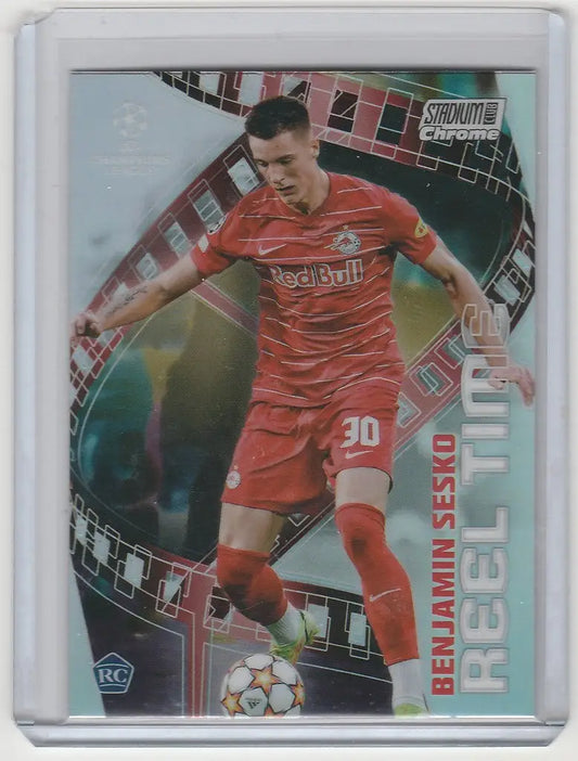Soccer trading card of Benjamin Sesko in red, from Topps Stadium Club Chrome Reel Time