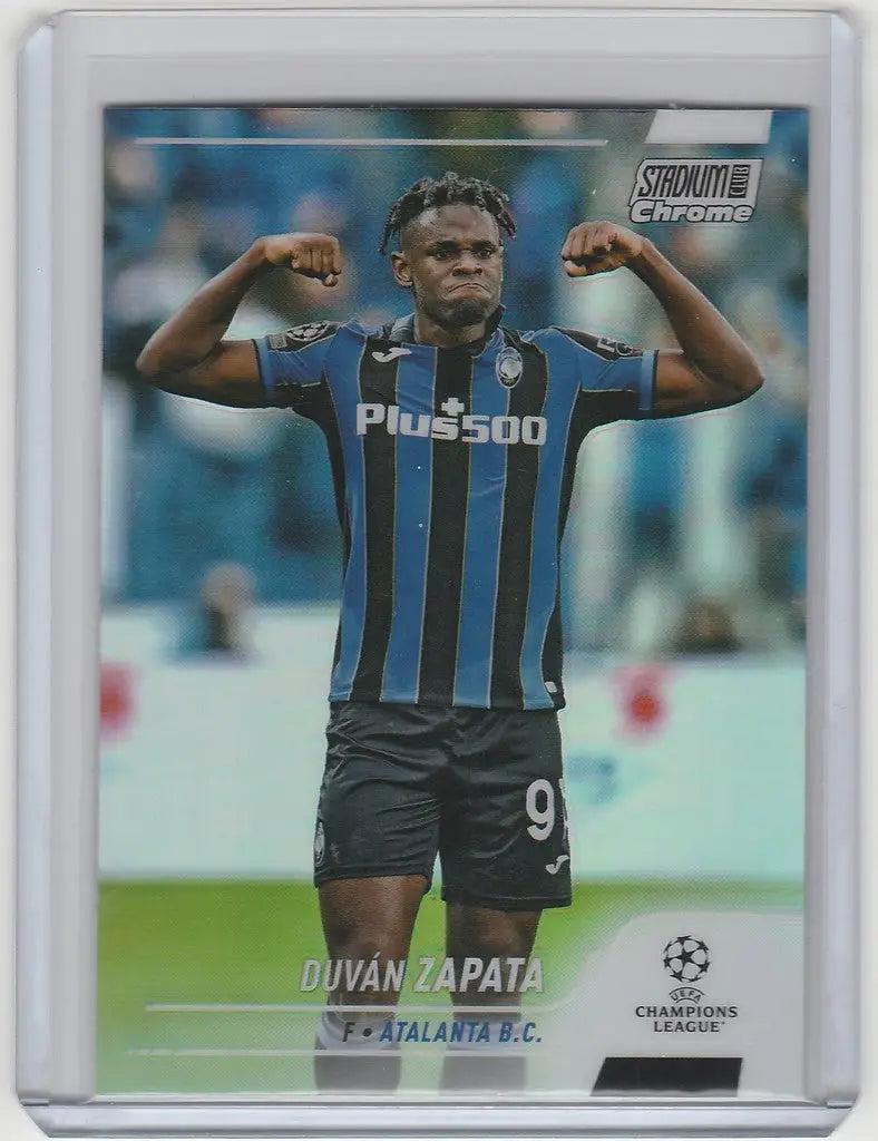 Soccer player trading card of Duvan Zapata celebrating, Topps Stadium Club Chrome Refractor