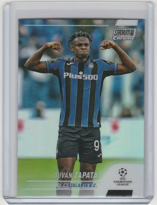 Soccer player trading card of Duvan Zapata celebrating, Topps Stadium Club Chrome Refractor